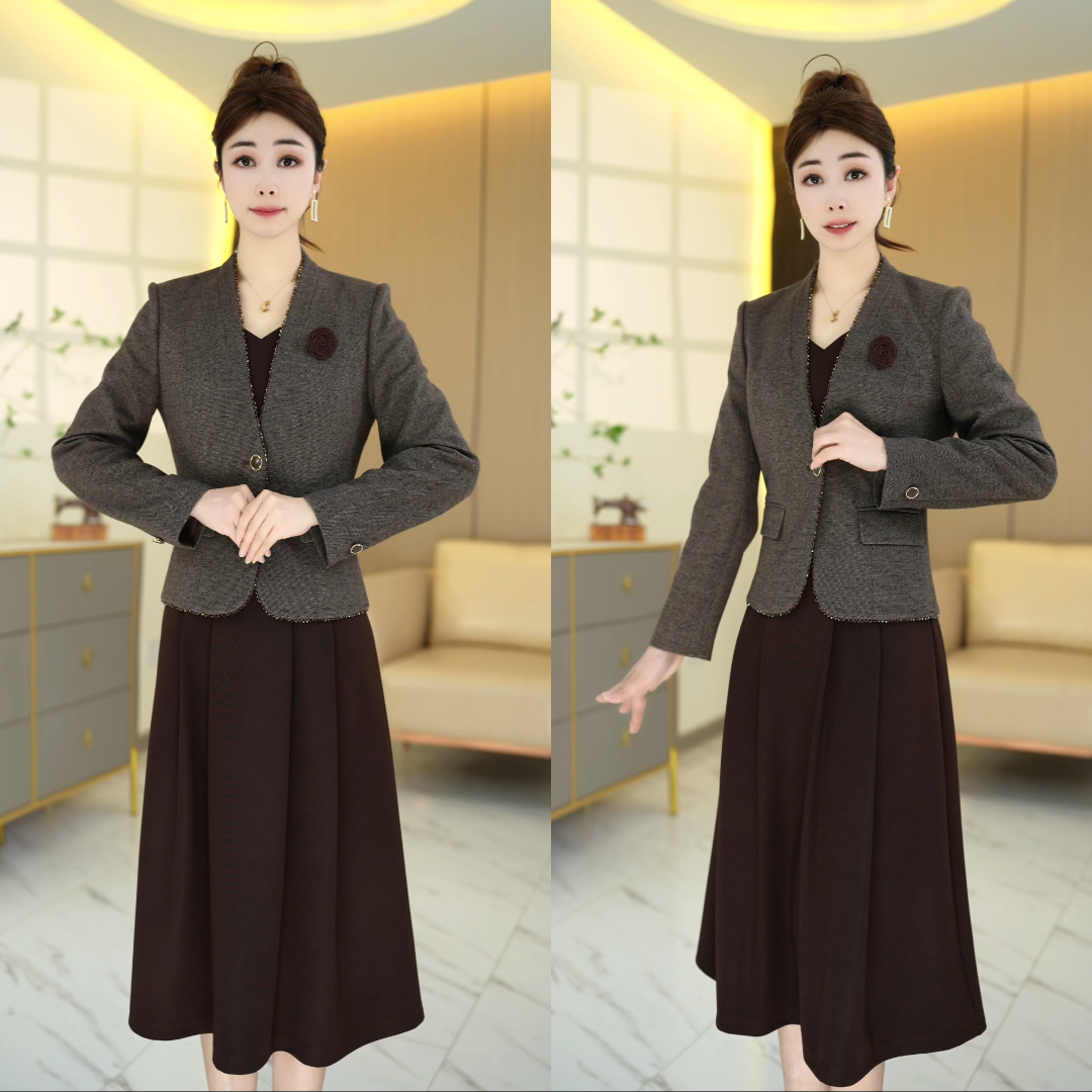 春装新款时尚钉珠撞色拼接气质修身减龄显瘦连衣裙外套两件套女装