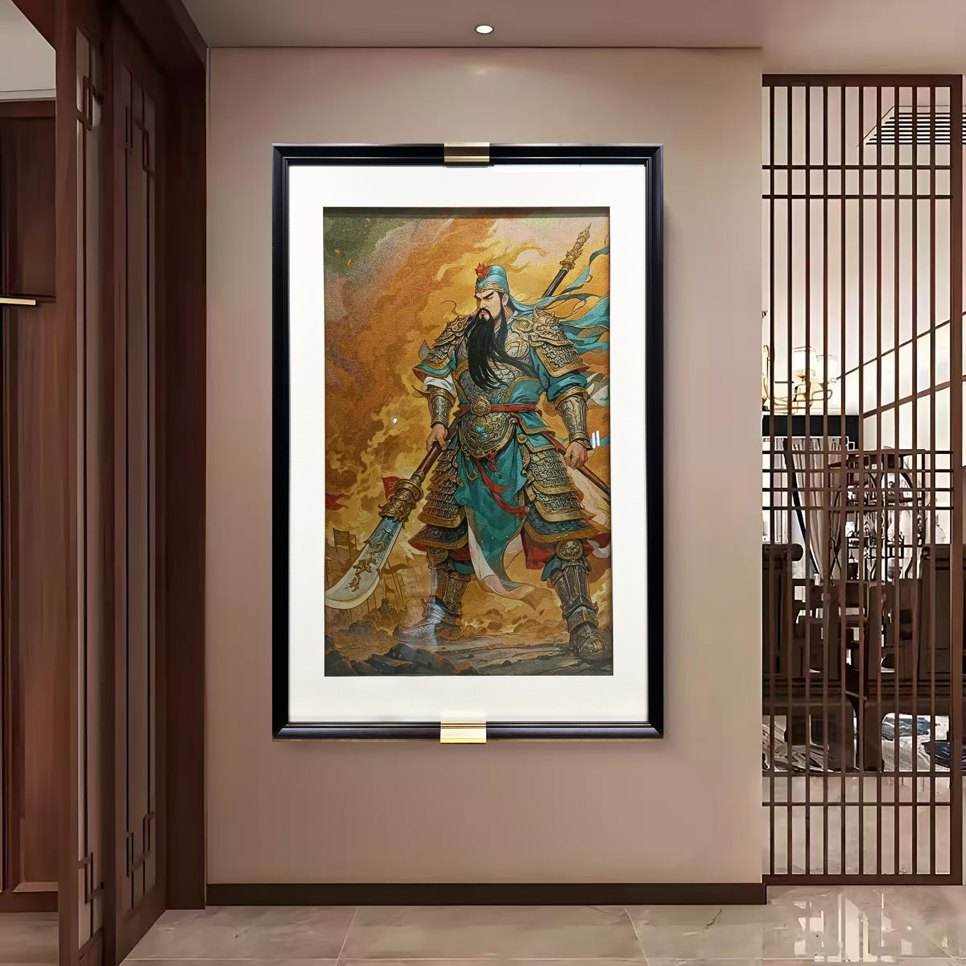 新中式唐卡刺绣武财神关公装饰画适用于客厅书房玄关70110