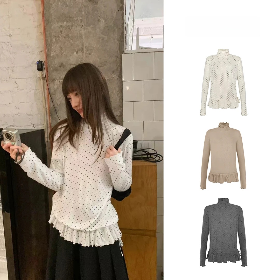 【全额运补+现货现发】百搭高领波点荷叶边密边打底衫气质宽松长袖