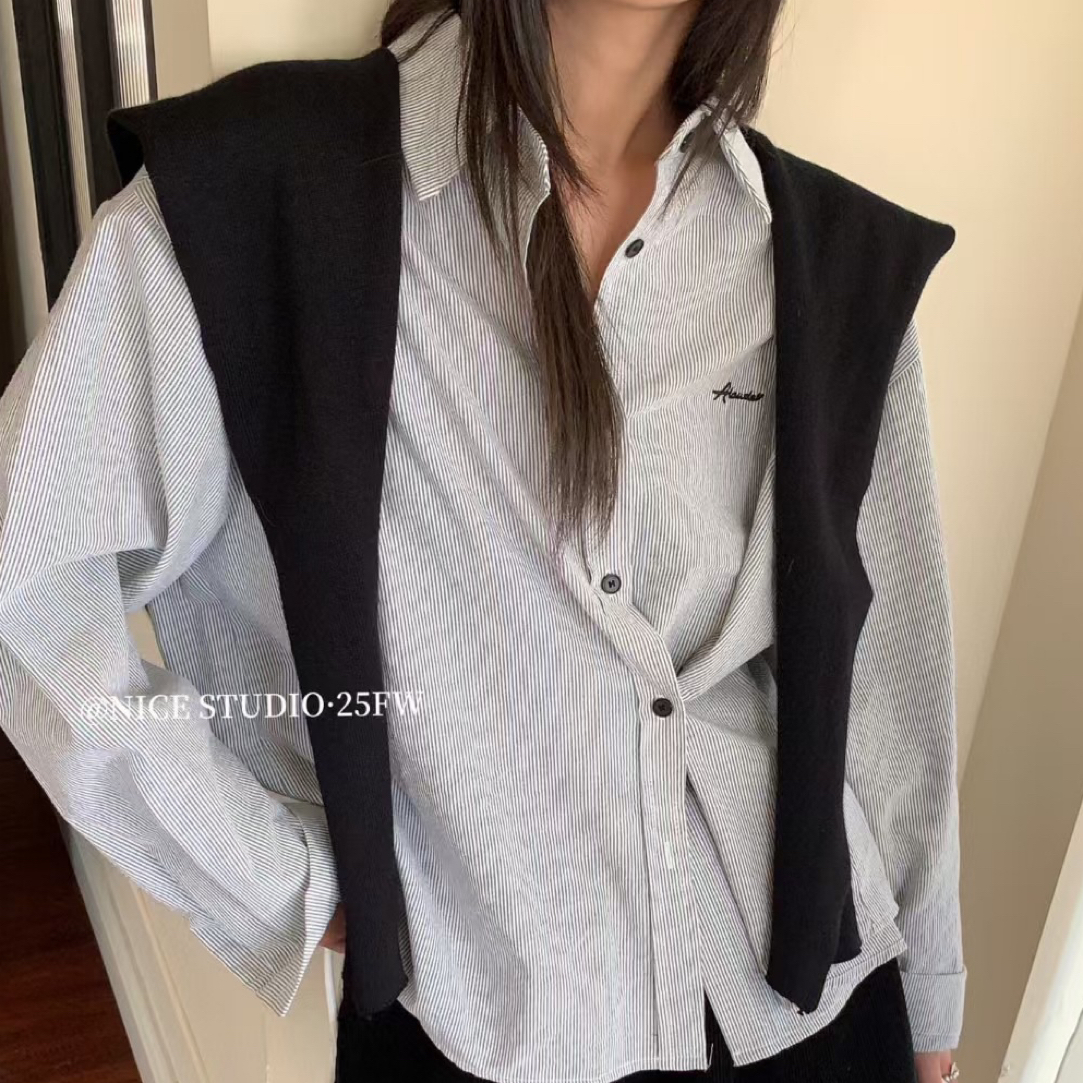 秋季新款韩系小众条纹翻领长袖衬衫搭配针织披肩女装