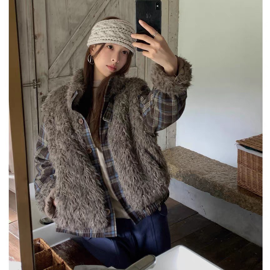 【冬上新】韩系少女宽松磨毛格纹拼接毛绒夹棉外套女冬季加厚保暖