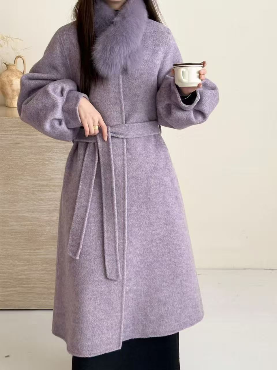 冬季纯色狐狸毛领长款红色百搭羊毛外套女士