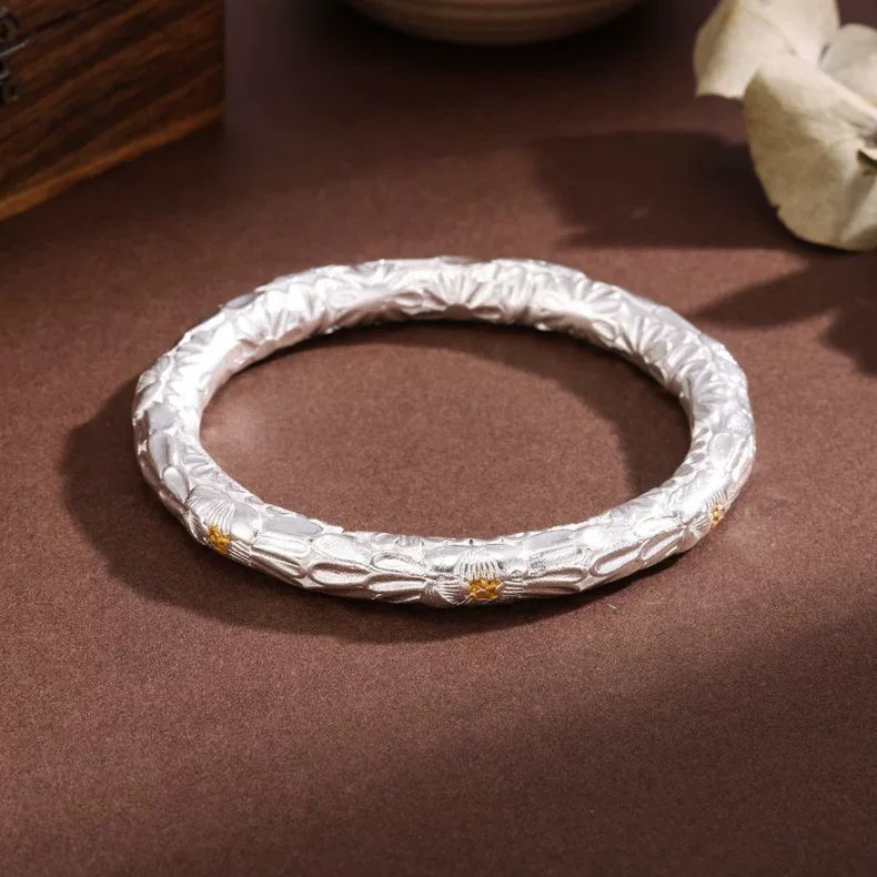 足银手镯 41号【描金牡丹花】开口纯银999手镯国风时尚百搭实心