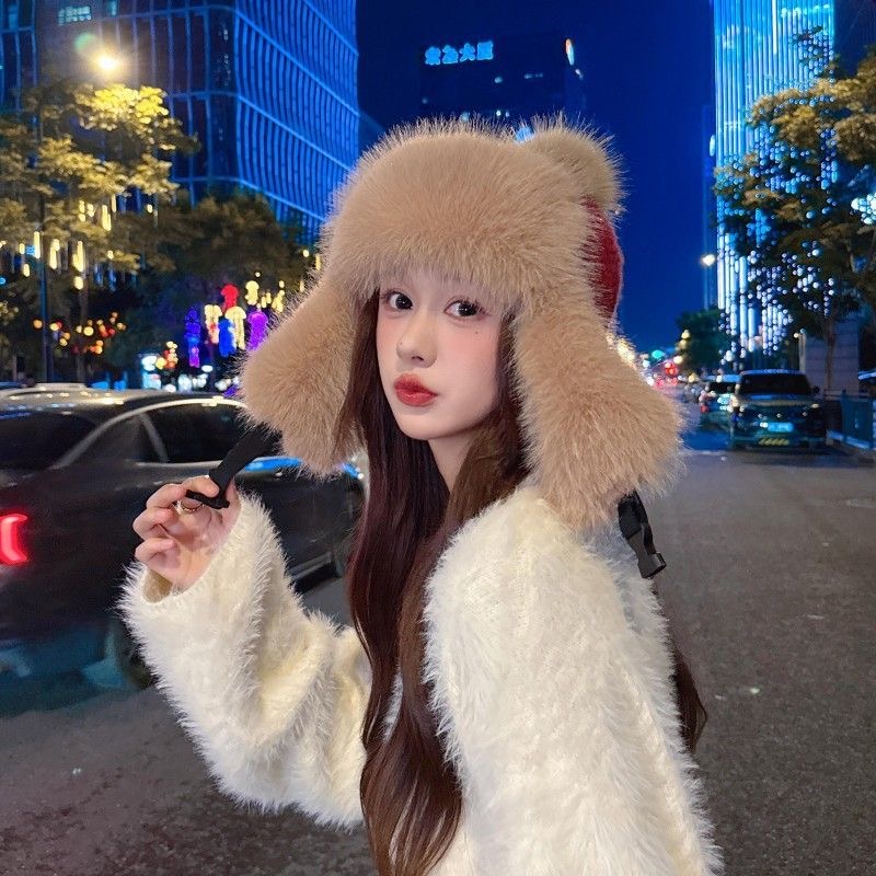 东北防寒毛茸茸雷锋帽女冬季毛绒加厚兔毛针织保暖毛线护耳帽子