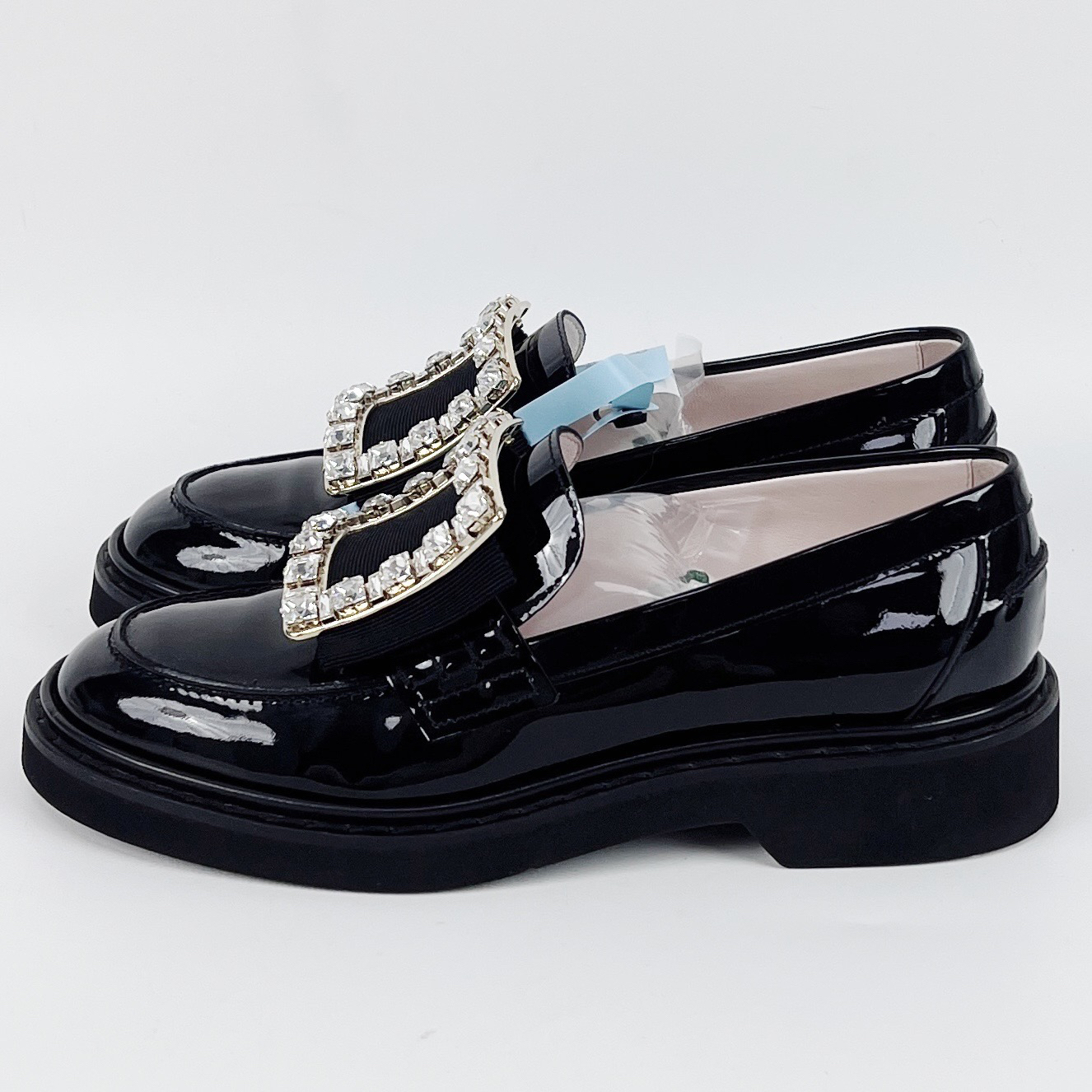 95新 Roger Vivier/罗杰·维威耶 36码 钻扣黑色漆皮乐福鞋 lm3849