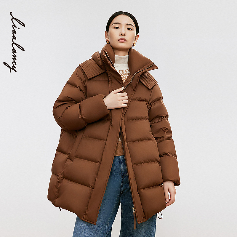 【匈牙利90白鹅绒】LANCY/朗姿厚款中长款连帽羽绒服女