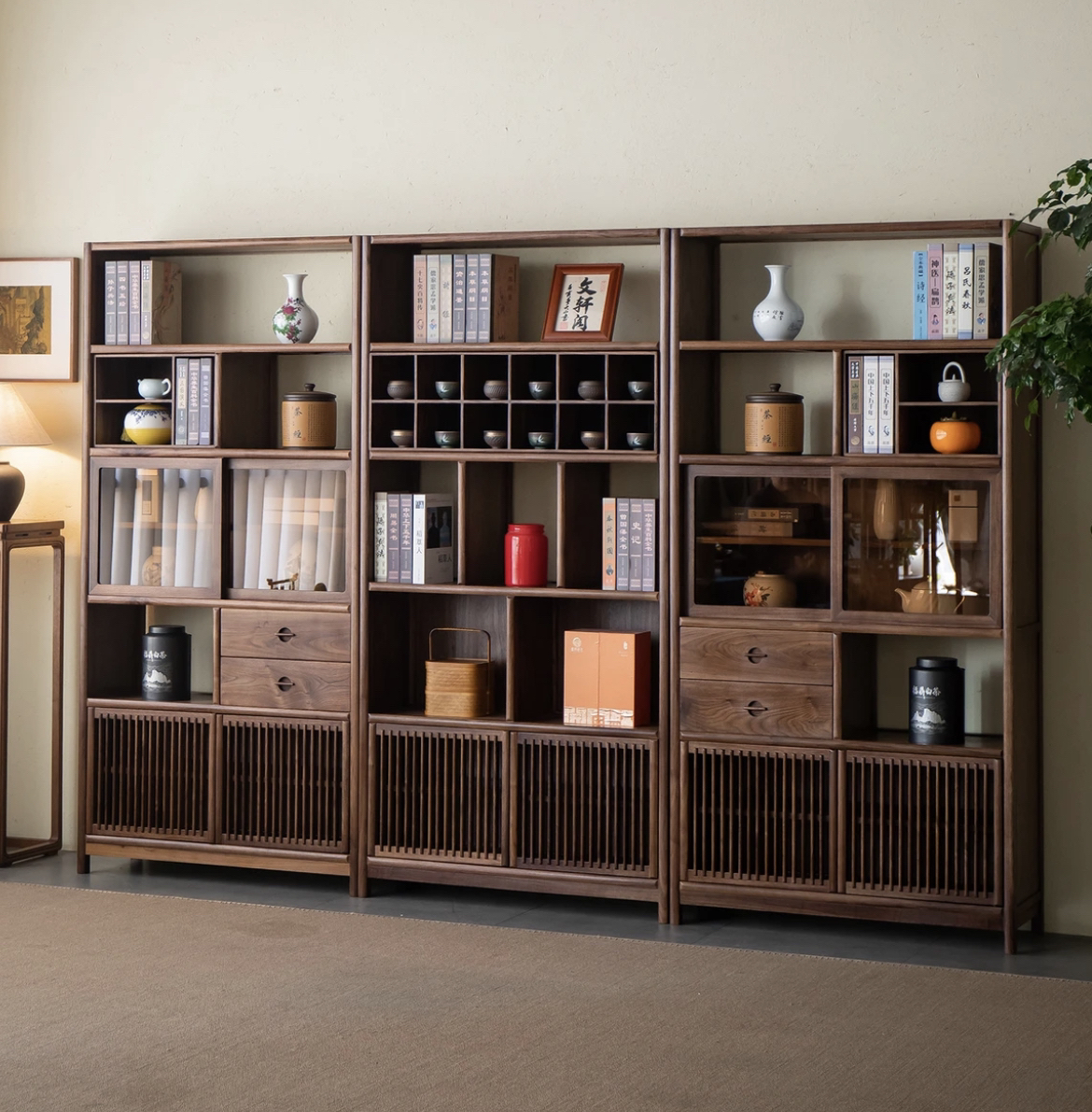 老榆木新中式实木书架展示柜组合茶叶柜禅意书柜博古架多宝阁