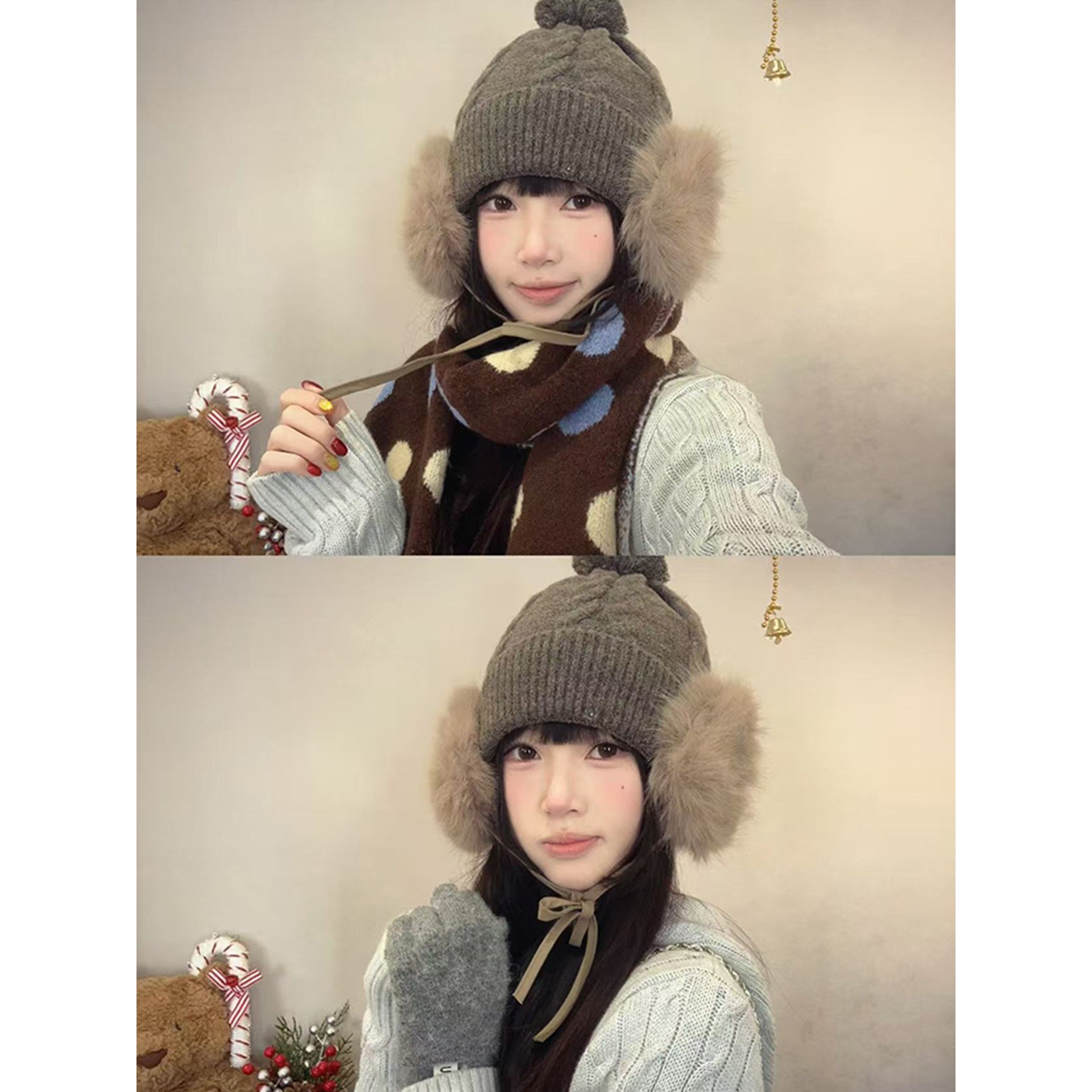 SUMMER PENGUIN韩版毛绒球绑带针织雷锋帽子女保暖可爱护耳毛线帽