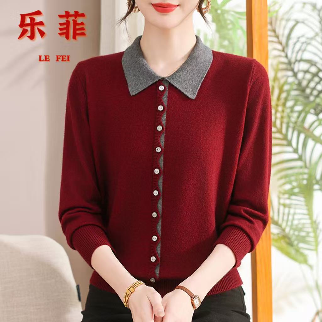 中老年新款早春洋气翻领针织衫上衣中年女装春秋打底毛衣针织衫