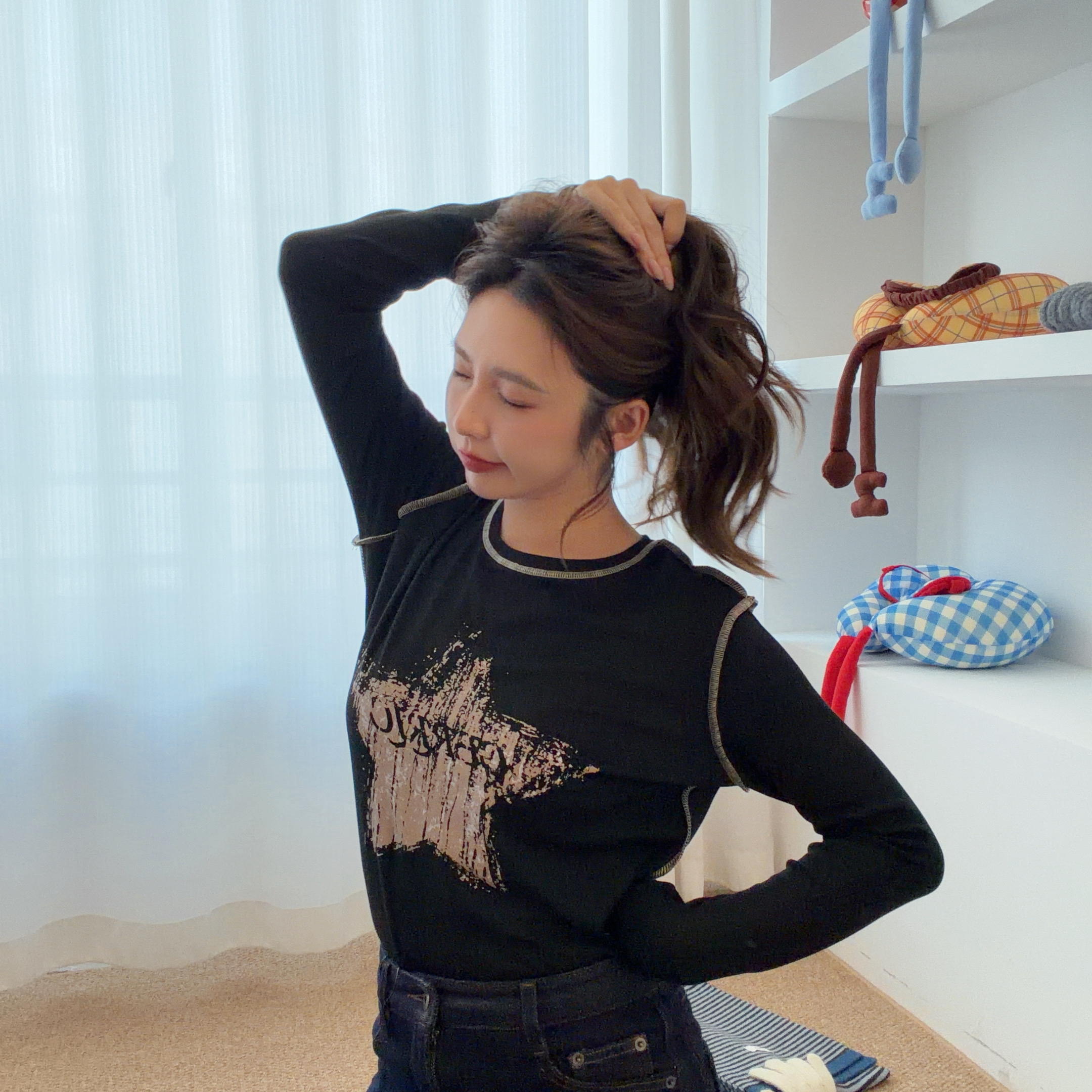 【Halo】cerri*美式星星印花明线设计款修身圆领长袖T恤