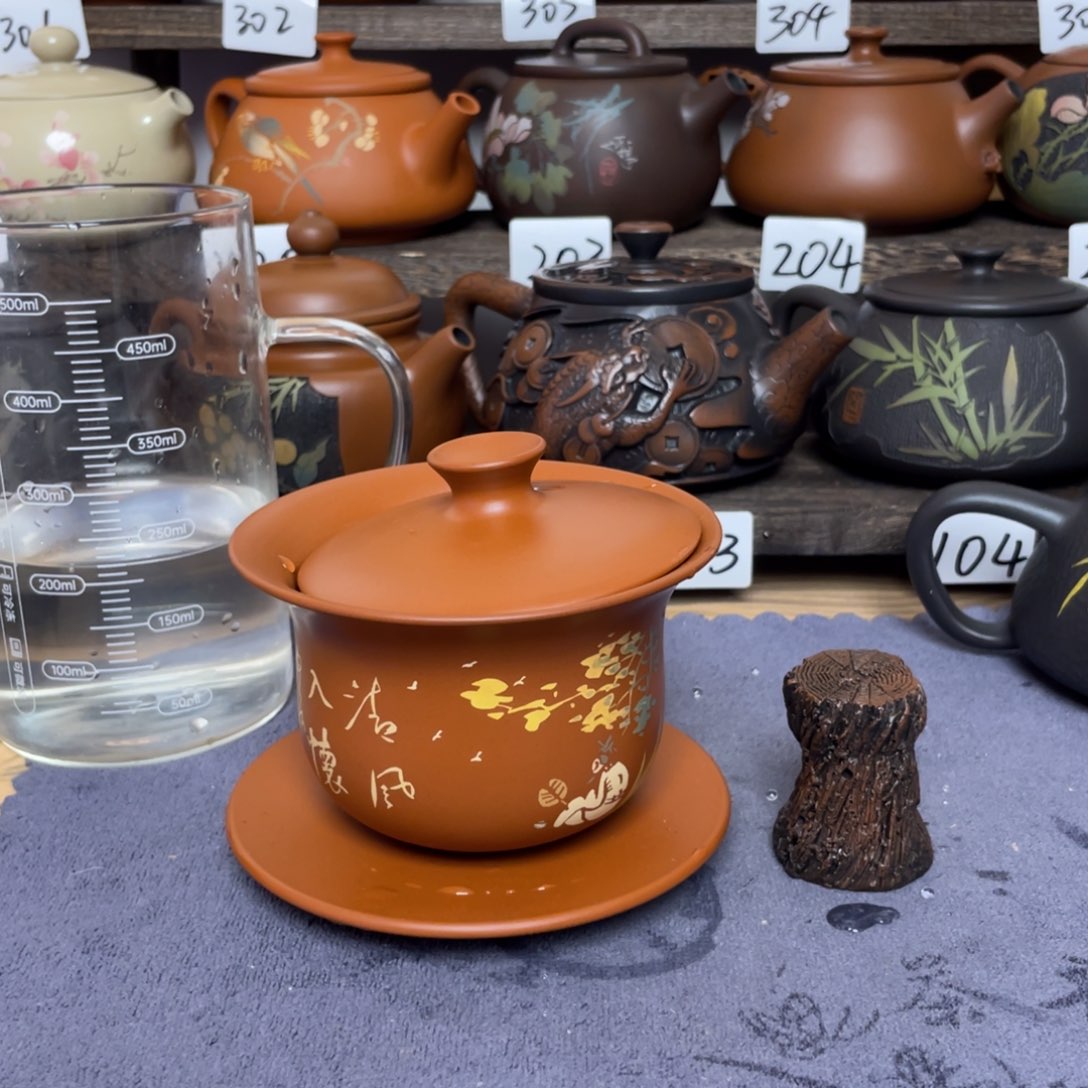 壶江浩复烧彩填三才盖碗+树状盖置