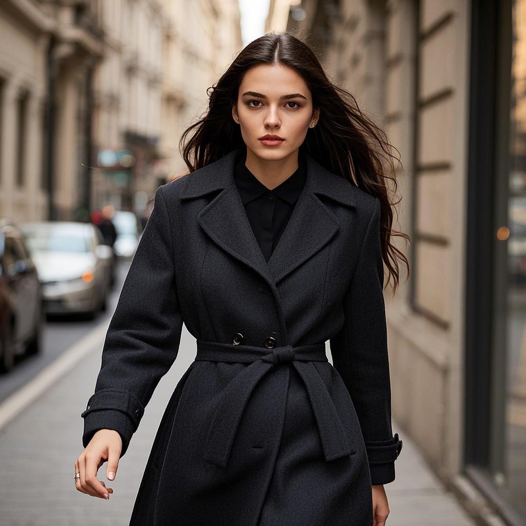 22号链接   早春新款潮流百搭时尚法式女士黑色长外套女装