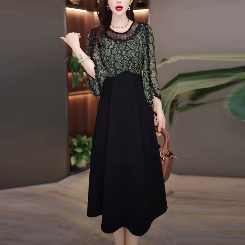 轻羽丝轻奢女装2025春季新款时尚中长款七分袖假两件拼接连衣裙子