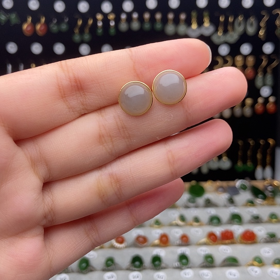 银S925镀金镶嵌和田玉耳饰
