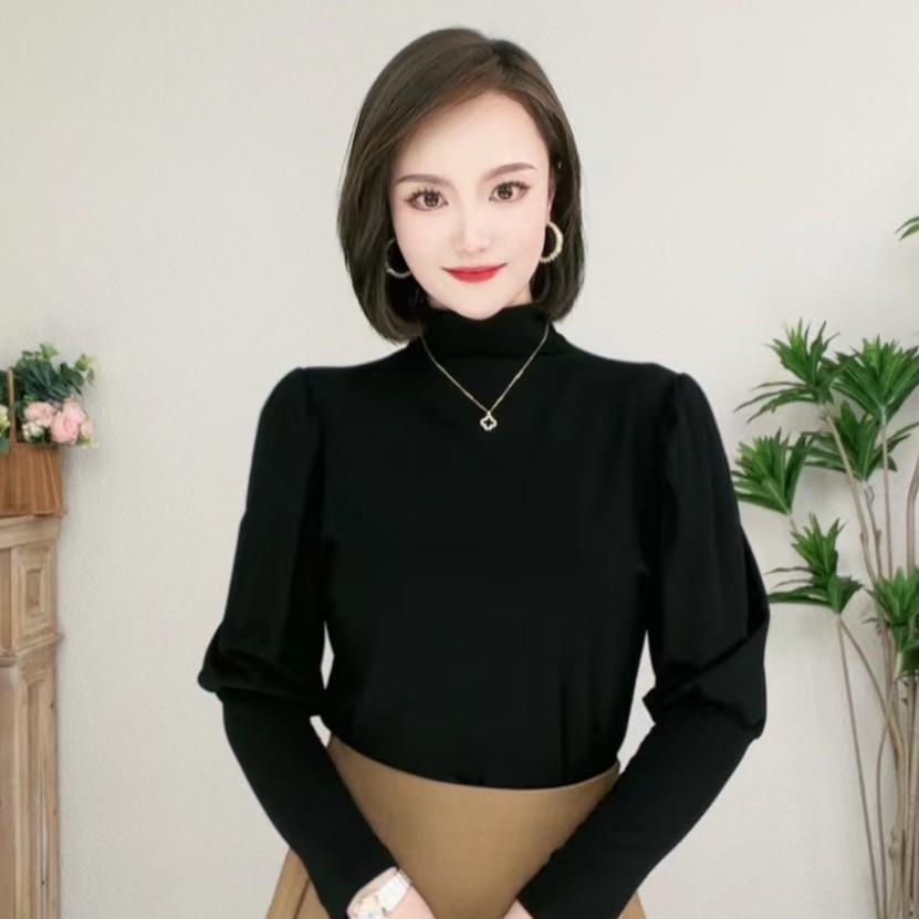 美拉德宝藏衣橱半高领打底衫长袖女秋冬新款修身泡泡袖上衣