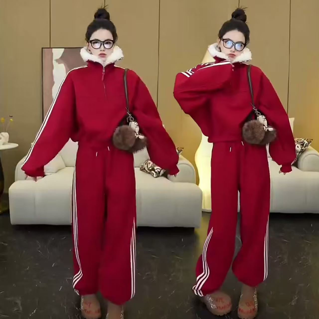 2026冬季超火欧洲站休闲运动套装女加绒保暖红色卫衣束脚裤两件套