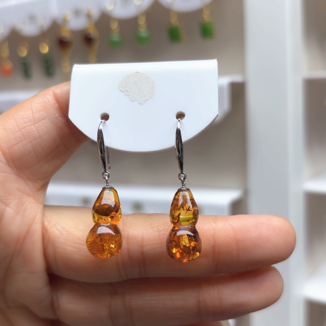 琥珀（花珀）耳饰银S925镶嵌花珀