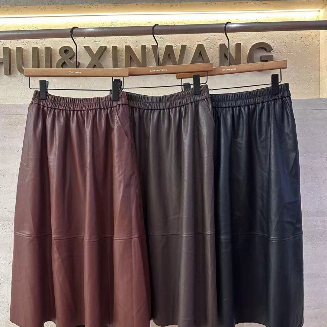 66967秋冬高腰显瘦PU大摆中长款女士半身皮裙