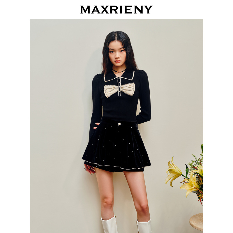 MAXRIENYMAXRIENY秋冬新品黑色丝绒烫钻裤裙显瘦百搭气质复古短裙
