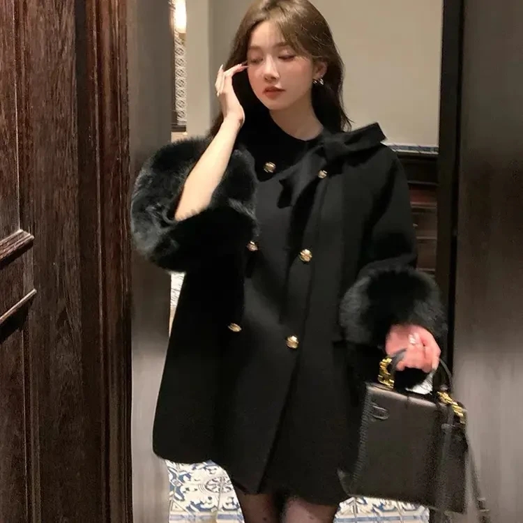 千金蝴蝶结狐狸毛双面羊毛高级感宽松气质外套