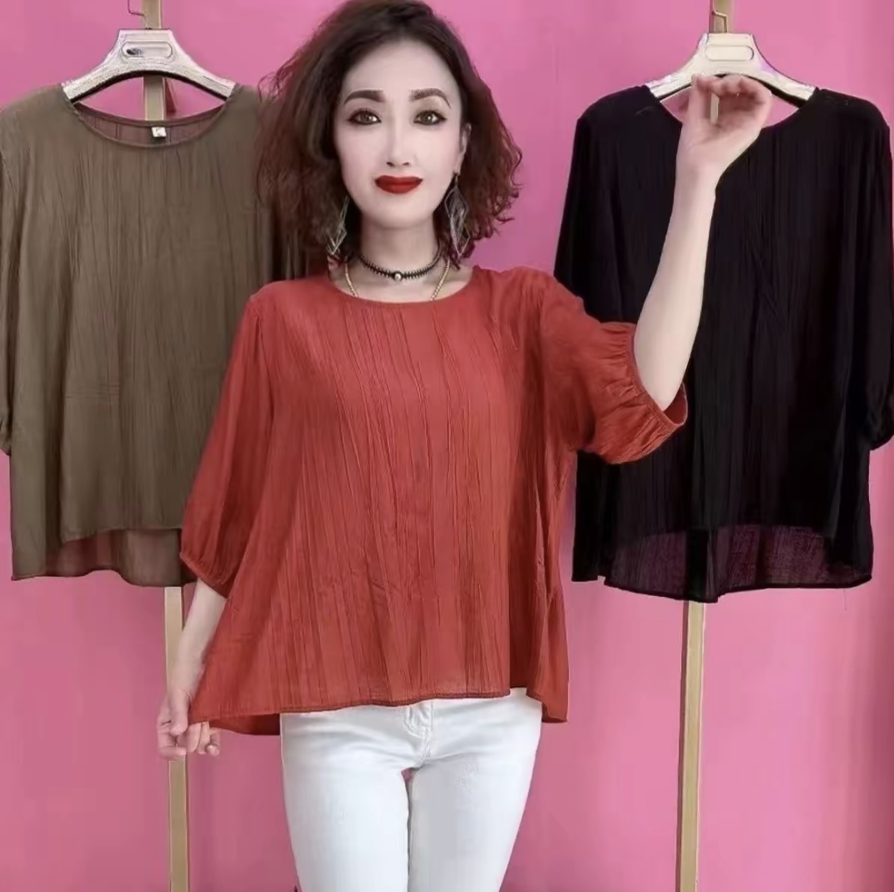 2025夏季新款大码妈妈装气质显瘦百搭遮肚子宽松纯色女士上衣T恤