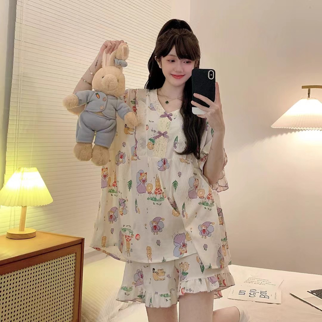 【软萌奶盖】加肥加大260斤胖MM睡衣夏季云朵棉短袖短裤V领套装