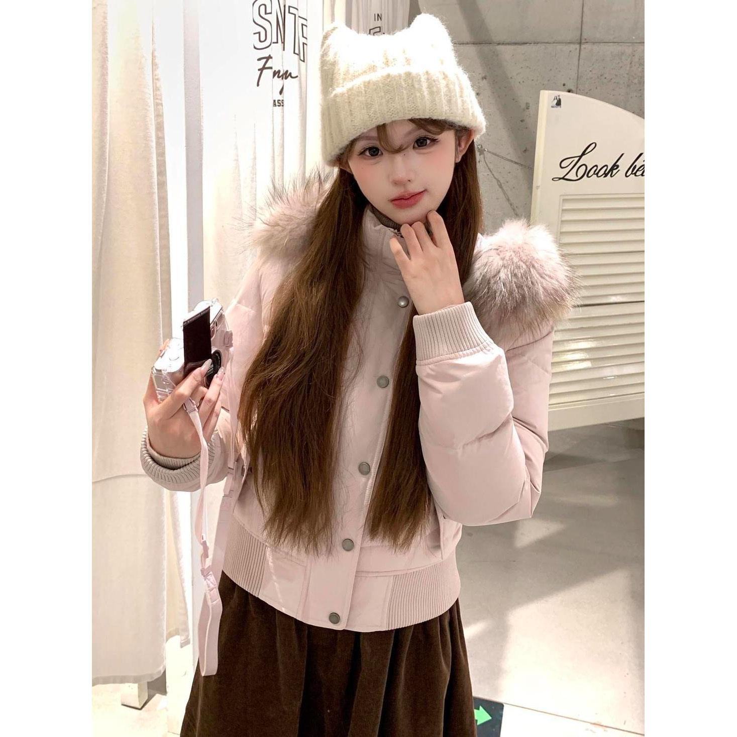 冬季新款甜美风大毛领棉服外套女复古百搭高级设计感保暖面包服潮