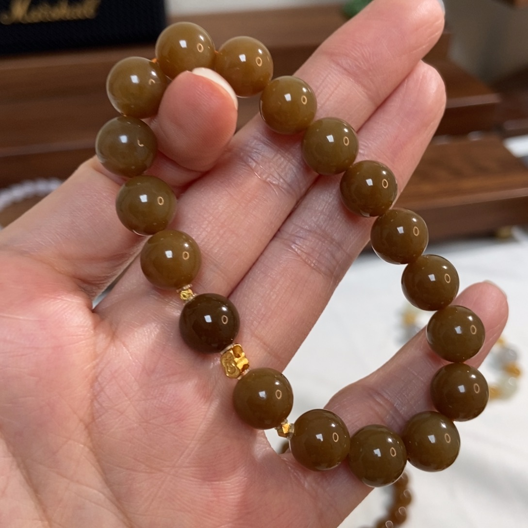 和田玉18K金镶嵌手链10mm深糖且末糖