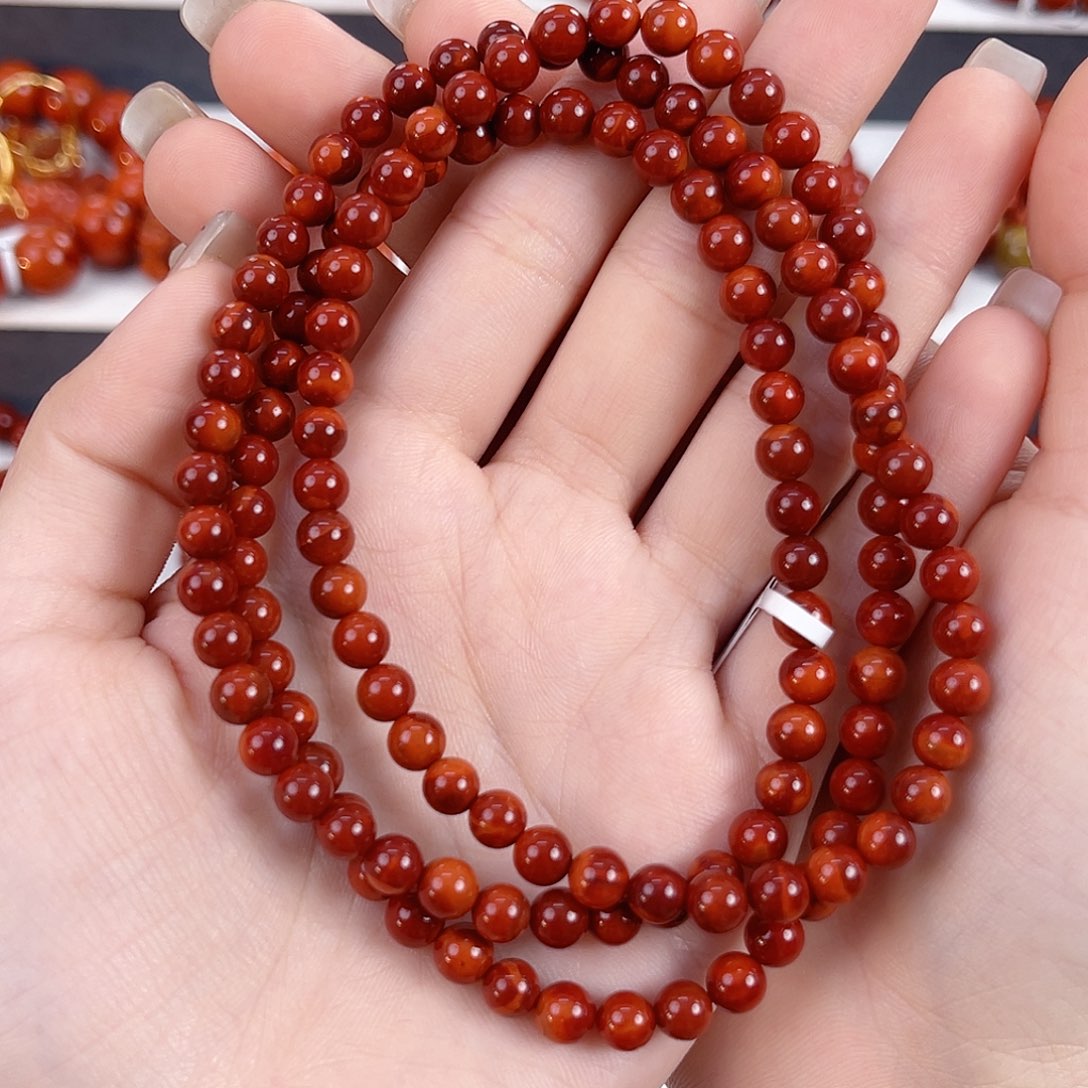 南红玛瑙未镶嵌瓦西牛血红双色满肉5mm多圈