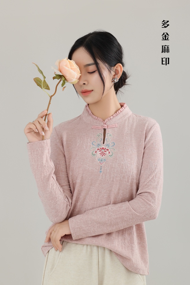 多金麻印国风小衫长袖中式打底衫长袖复古宽松绣花立领刺绣上衣