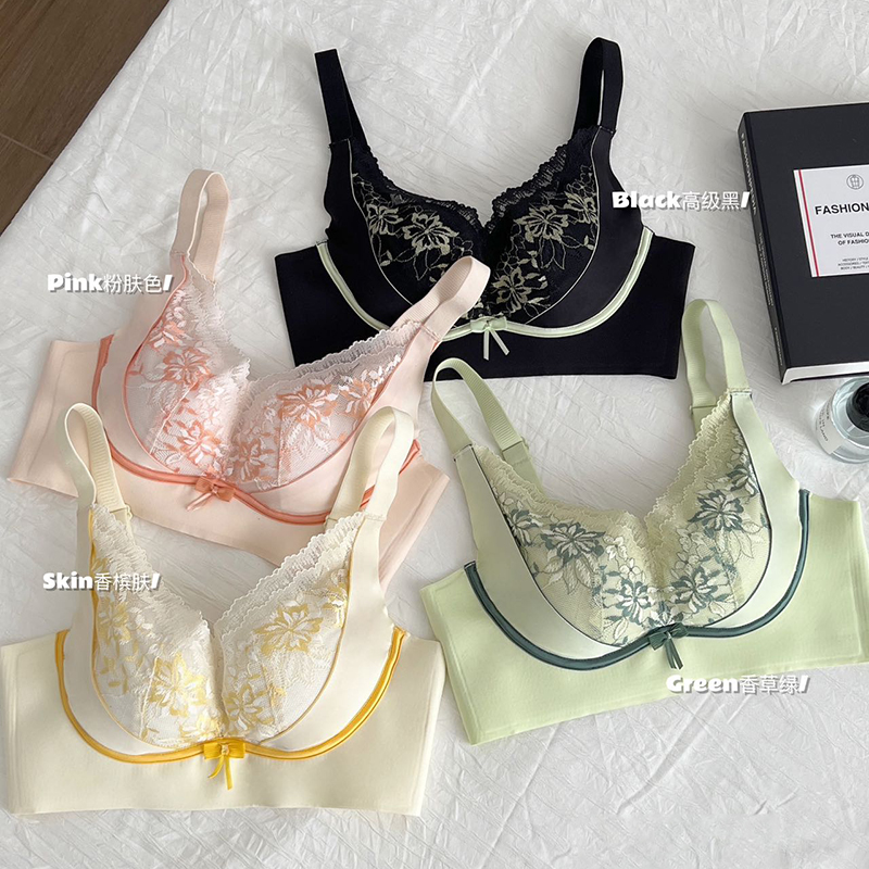 #065剪标无磁1.5女士内衣桑蚕丝无侧骨性感蕾丝舒适文胸小胸聚拢