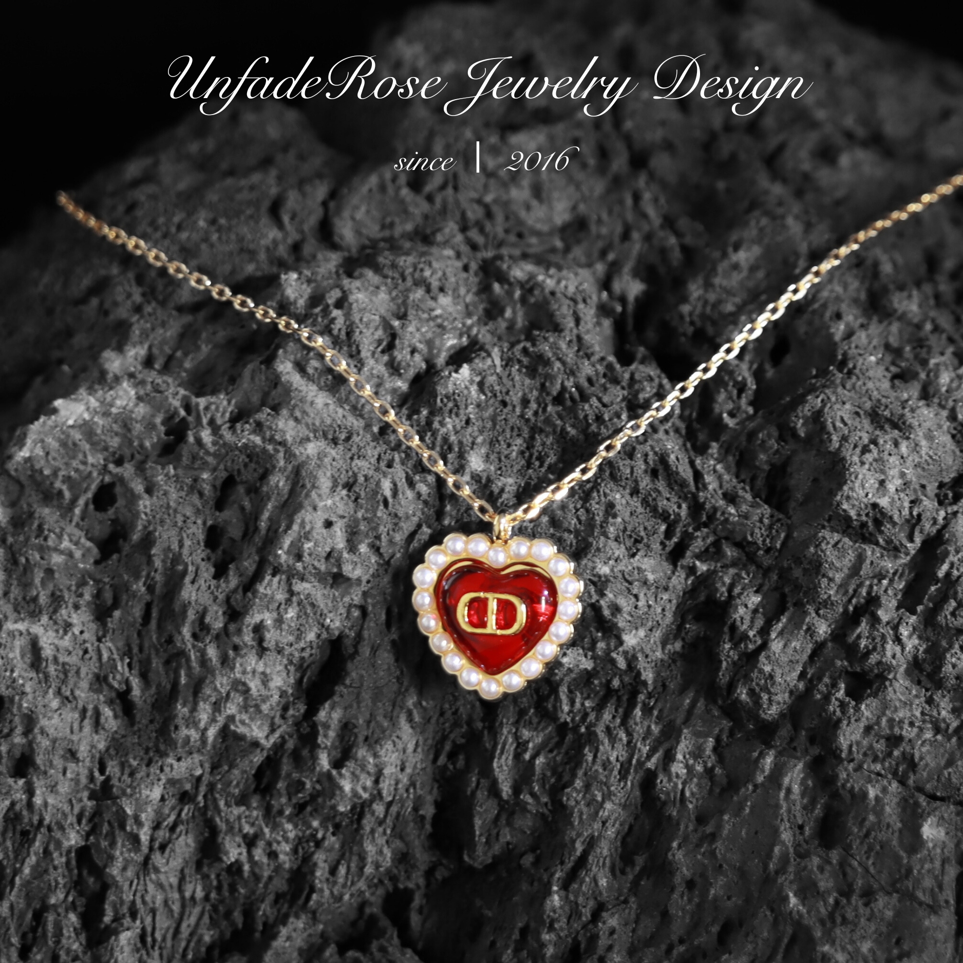 UNFADEROSE  镀k金红色爱心字母紧致镶嵌项链 Z103H