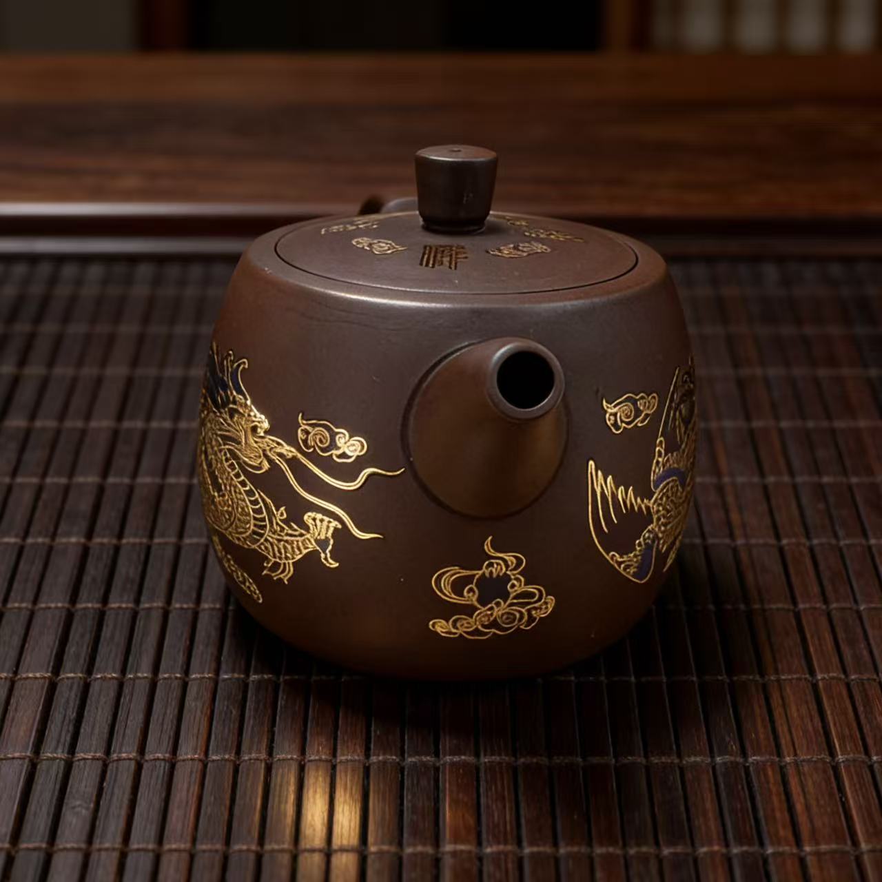 深井老紫泥紫砂【鸿运龙凤】井栏壶-5755