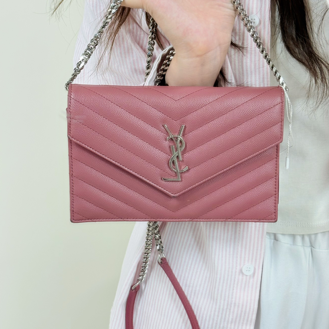 95新 YSL/圣罗兰 豆沙粉信封链条斜挎包 
