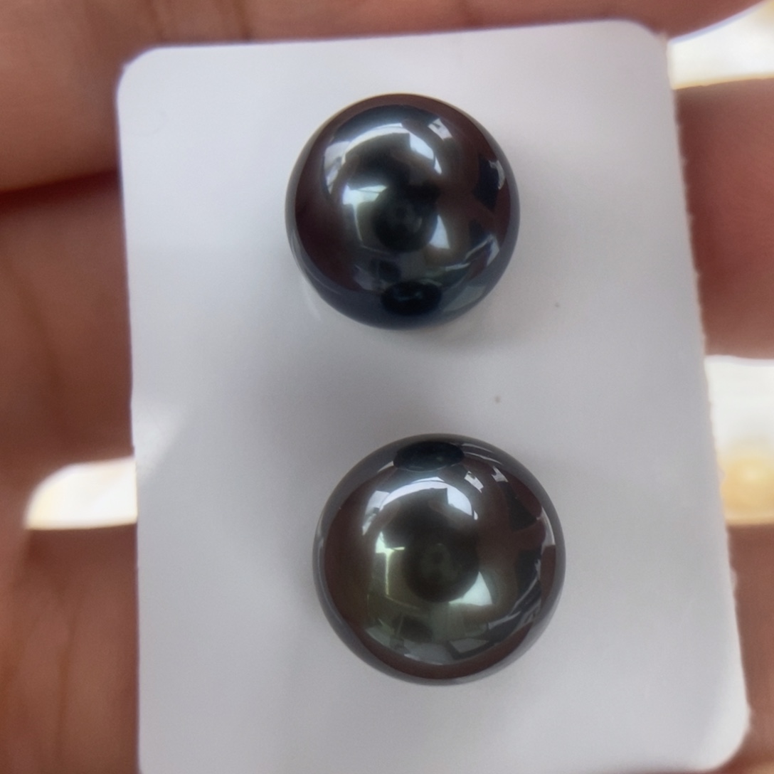 未镶嵌海水珍珠耳饰11.8-12.0mm大溪地黑紫色镜面光