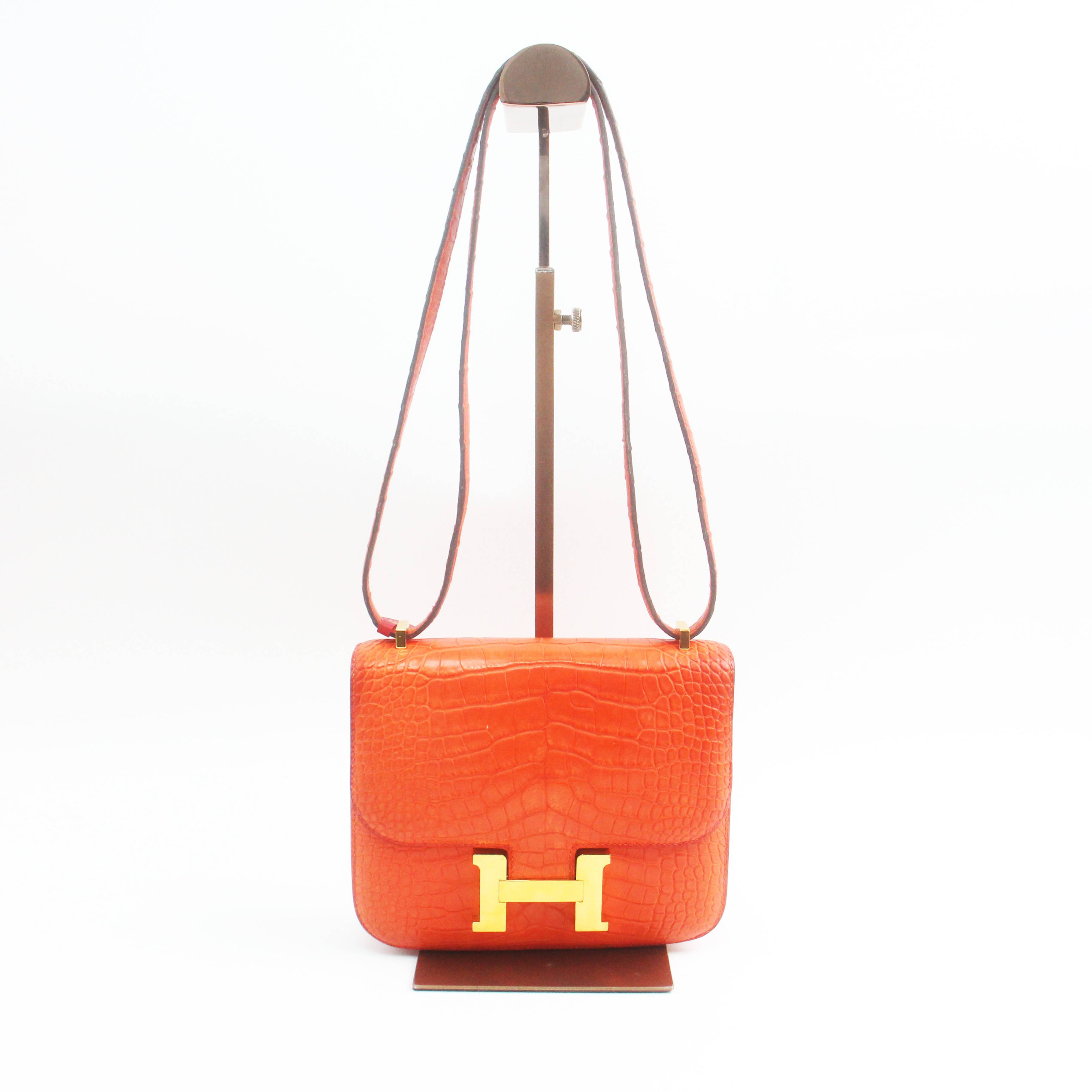 95新 Hermes/爱马仕 78376B 罂粟橘鳄鱼皮康康19单肩斜挎包