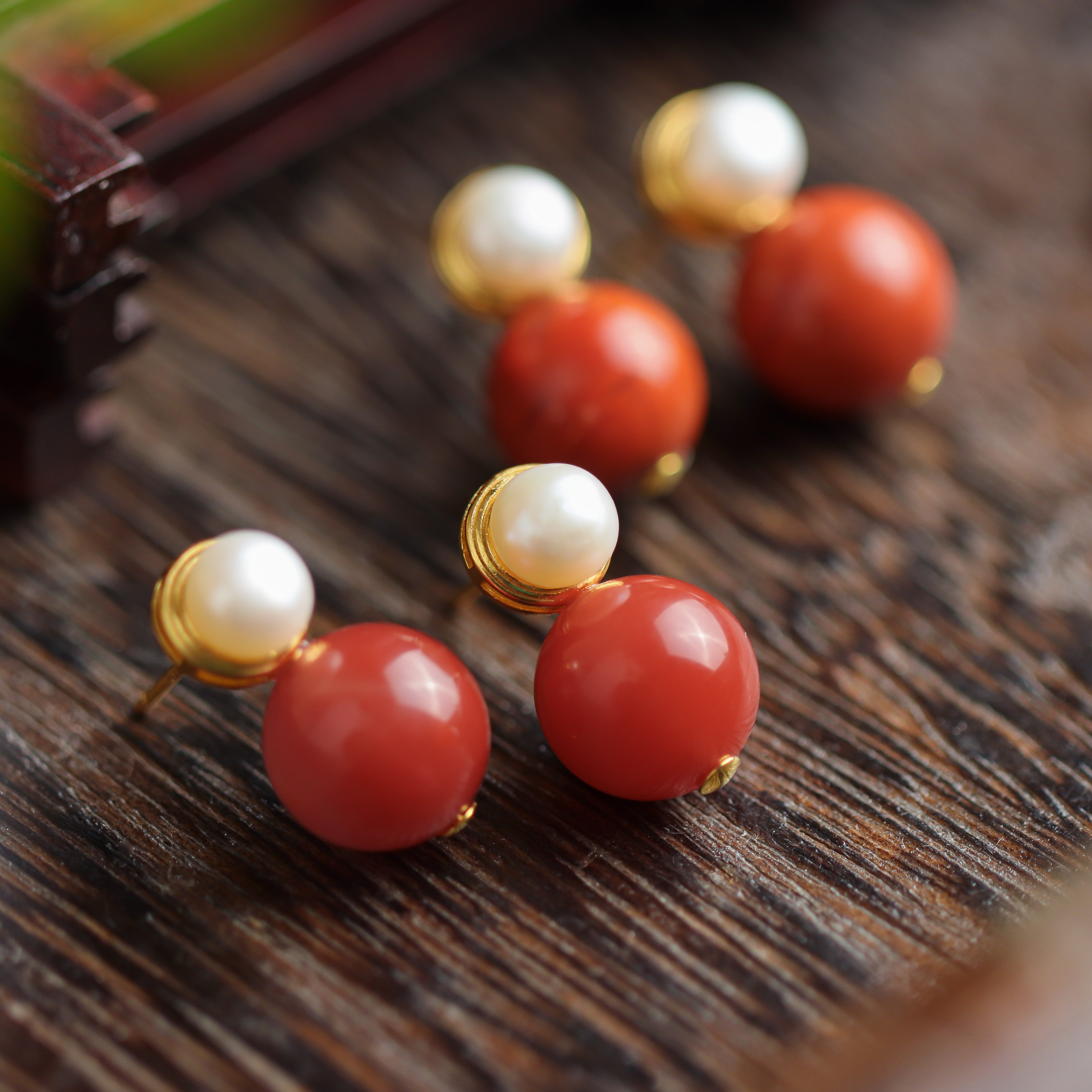 S925银镶嵌南红玛瑙圆珠DIY女款耳钉耳饰（多样性发货发其一）