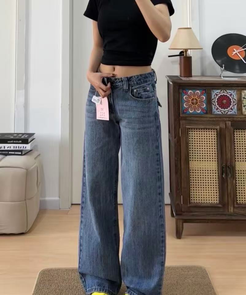 休闲风女高腰牛仔裤显腿细的裤子长裤阔腿裤富婆风直筒裤显瘦百搭