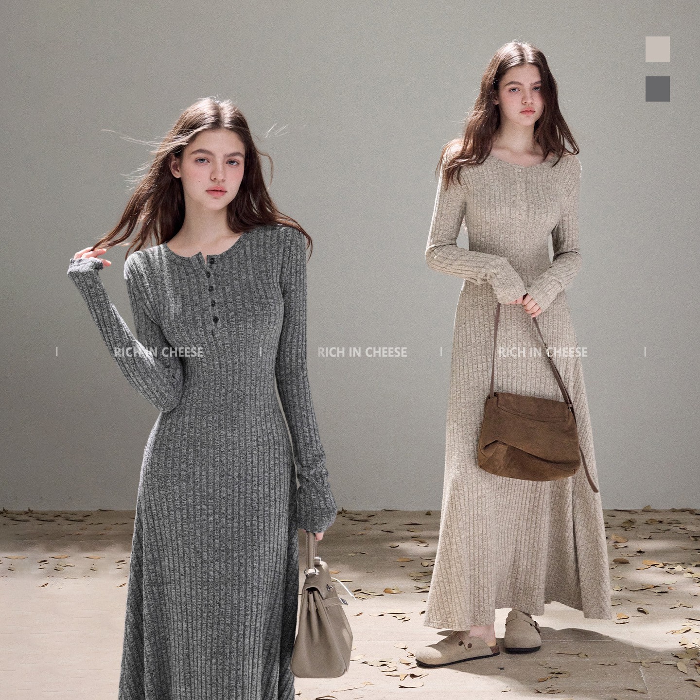 RICH IN CHEESE 韩漫天菜【系列合集】 秋冬磨毛坑条针织气质连衣裙