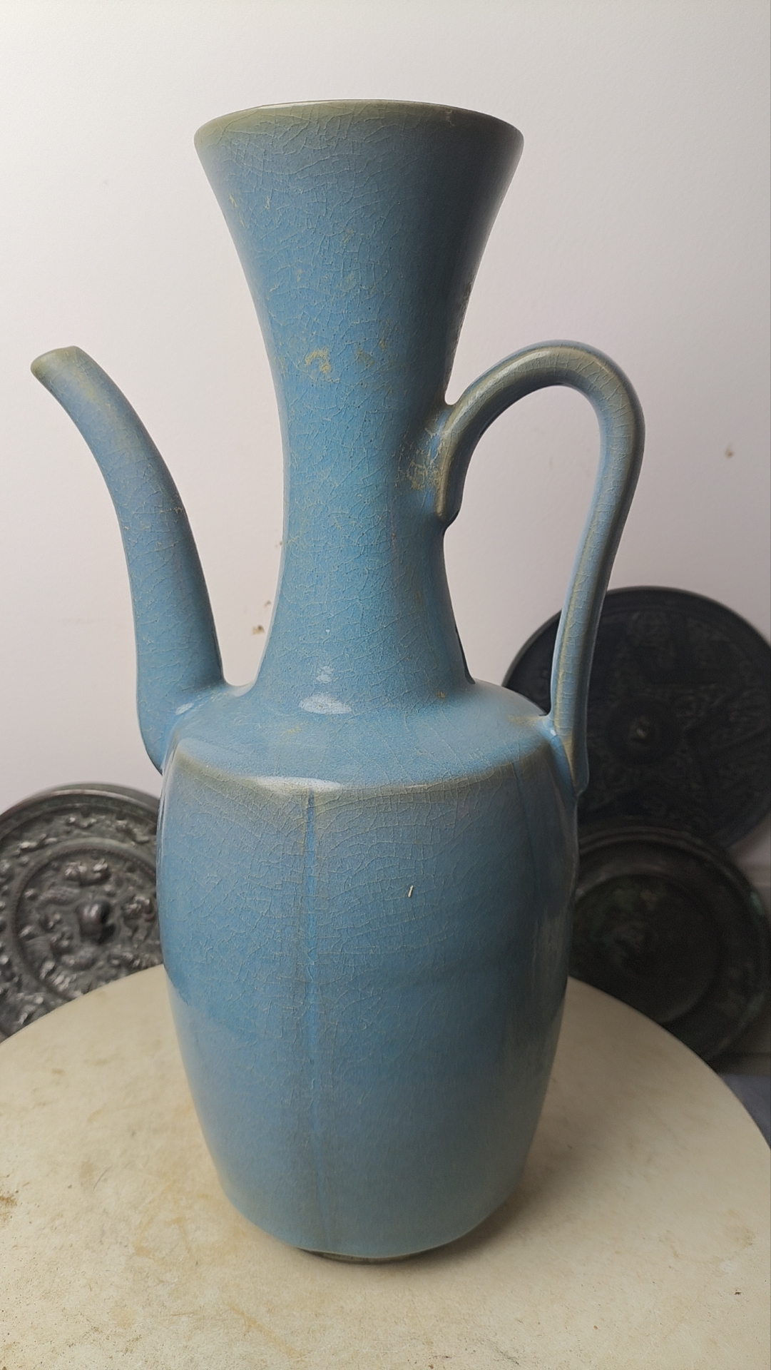 禹州钧台窑口的中式执壶茶具陶瓷复古冰裂纹蓝釉色釉