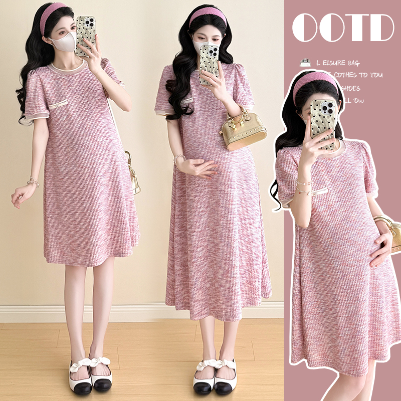 2025夏季新款短袖圆领连衣裙精致小香风百搭宽松孕妇裙中长款长裙