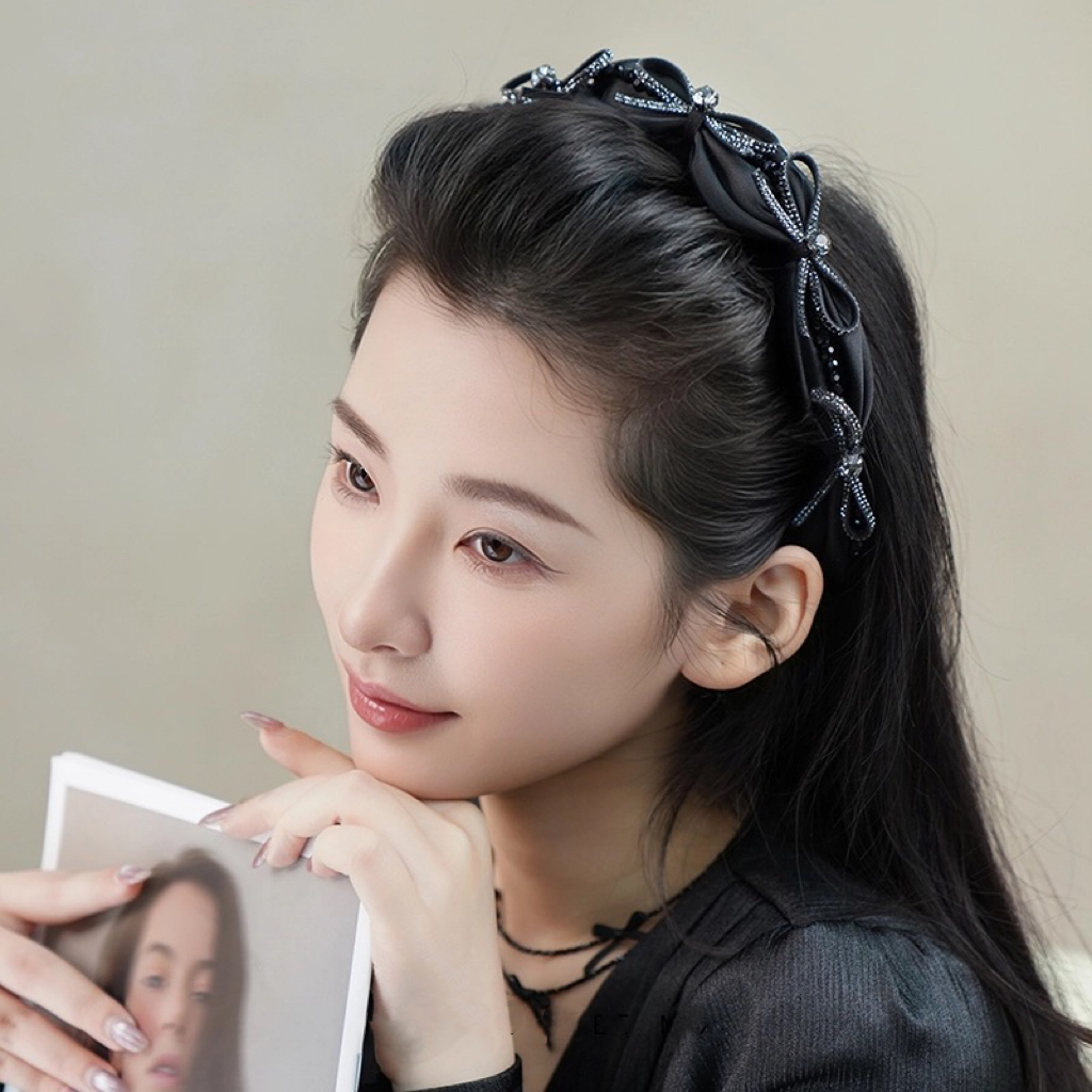 E4986 手工定制蝴蝶结齿梳发高级感高颅顶箍黑色高端精致头饰时髦