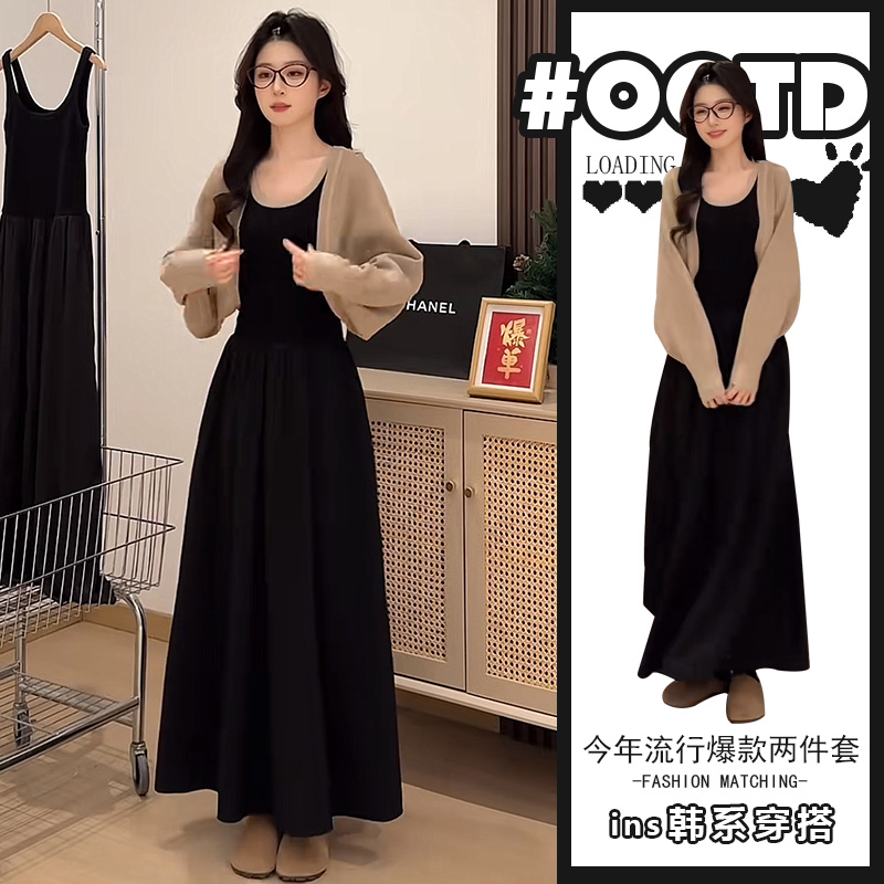 2025新款法式纯色开衫+黑色收腰显瘦连衣裙欧美纯欲显气质套装潮