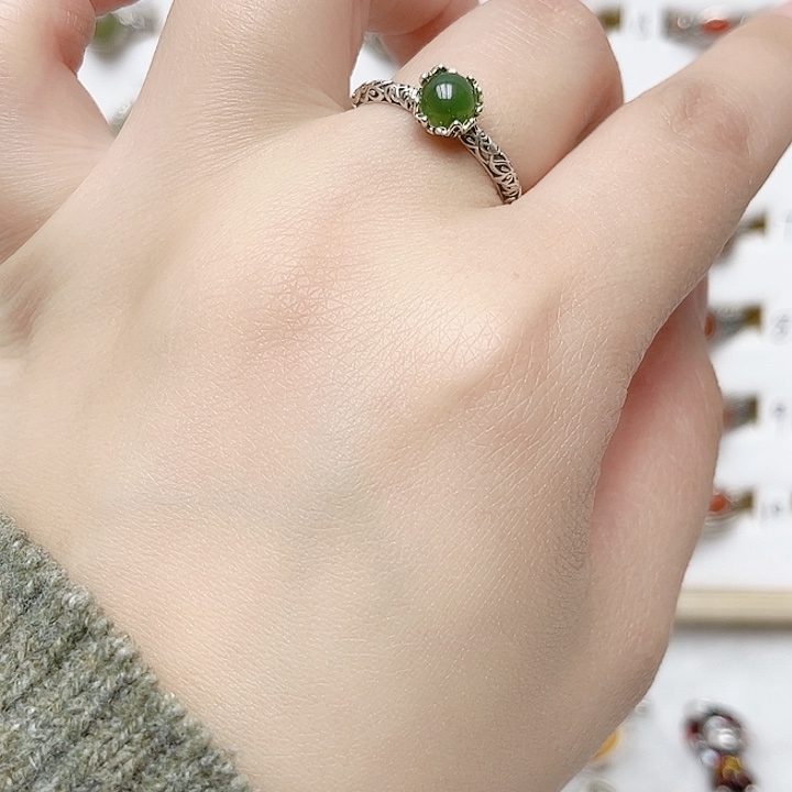 和田玉戒指银S925镶嵌天然