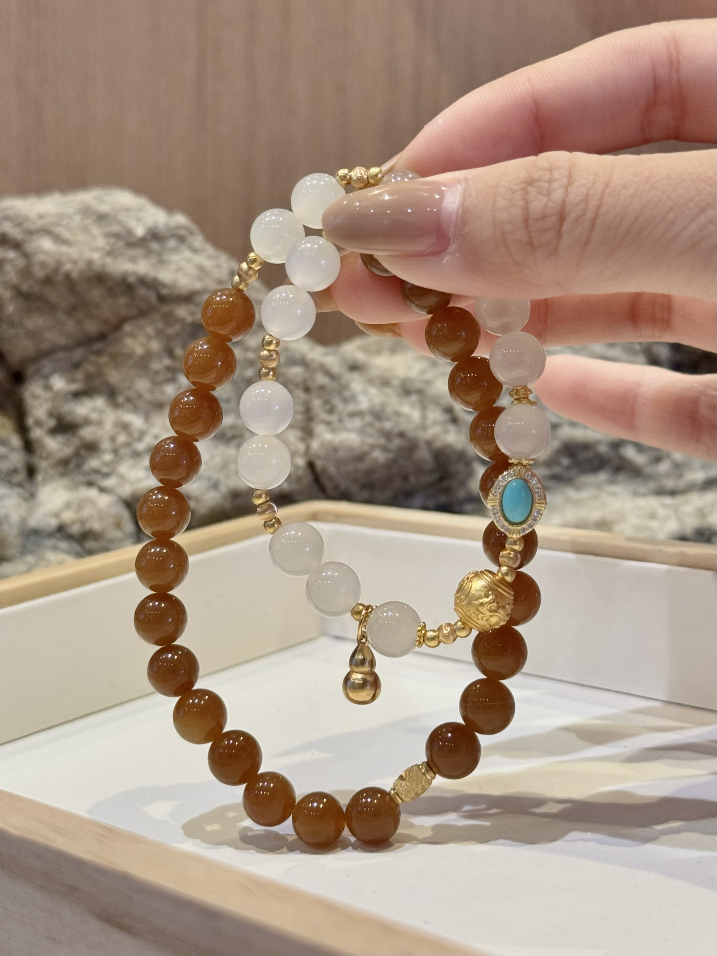 迪姐家 新疆糖白和田玉双圈手串搭配青海高冰