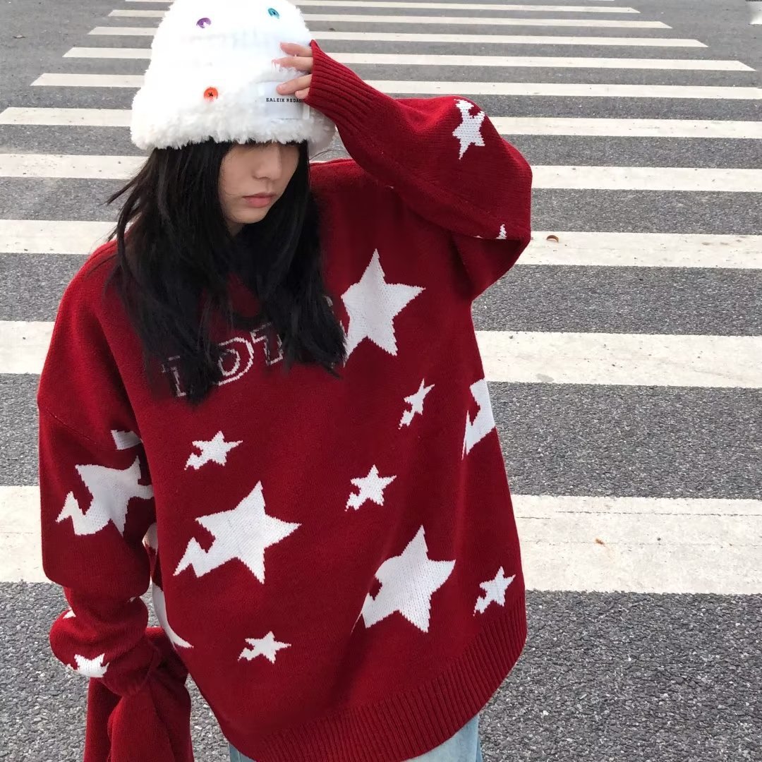 外贸美式红色毛衣情侣冬季oversize潮牌复古宽松小众设计感针织衫