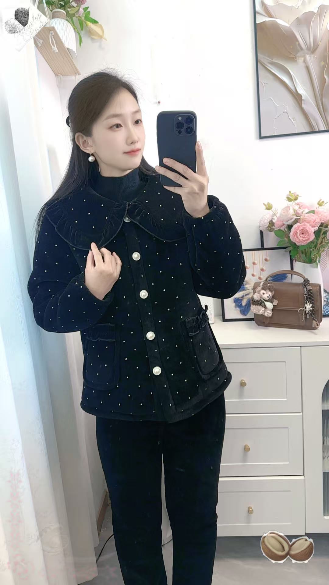 冬季新款娃娃领雪银点《娃娃领》睡衣洋气长袖秋冬家居服上衣套装