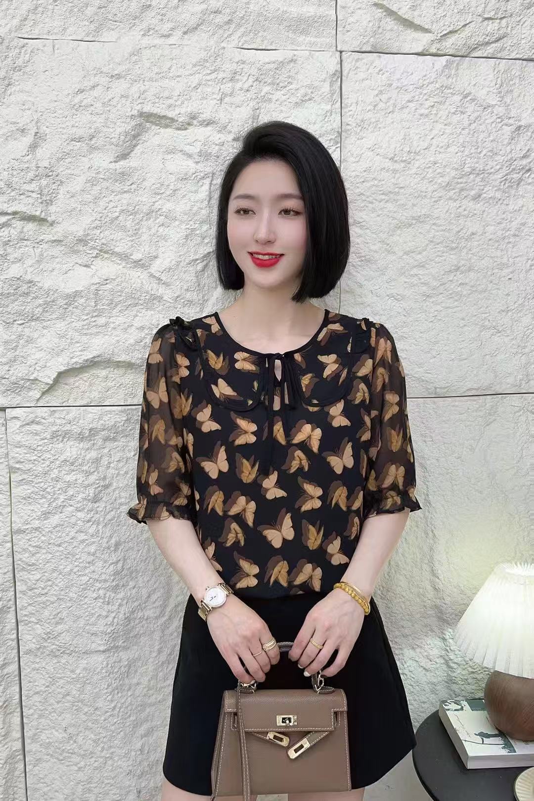 纱网拼接套头短袖轻职风雪纺衫百搭圆领夏季印花女士