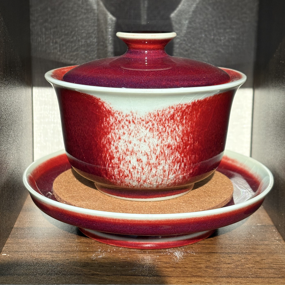 纯手工拉坯支烧钧瓷三才盖碗原矿玉石釉自然窑变一物一拍