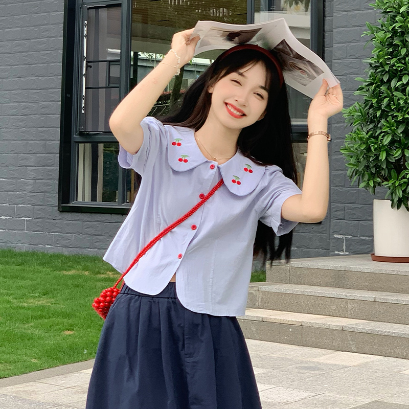 慕兔日系小清新白衬衫女2023年夏季新款娃娃领设计感小众短袖衬衣